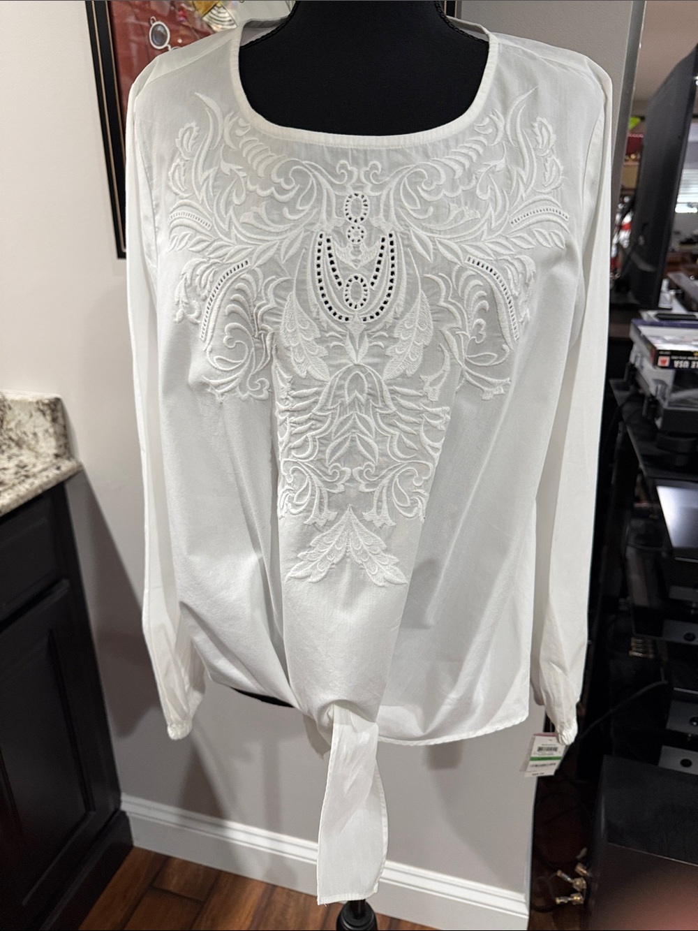 INC International Concepts White Embroidered Tie-Front Blouse size large